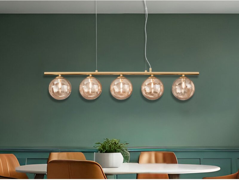 LED Pendelleuchte 5-flammig Gold-Glaskugeln Bernstein, Breite 100cm