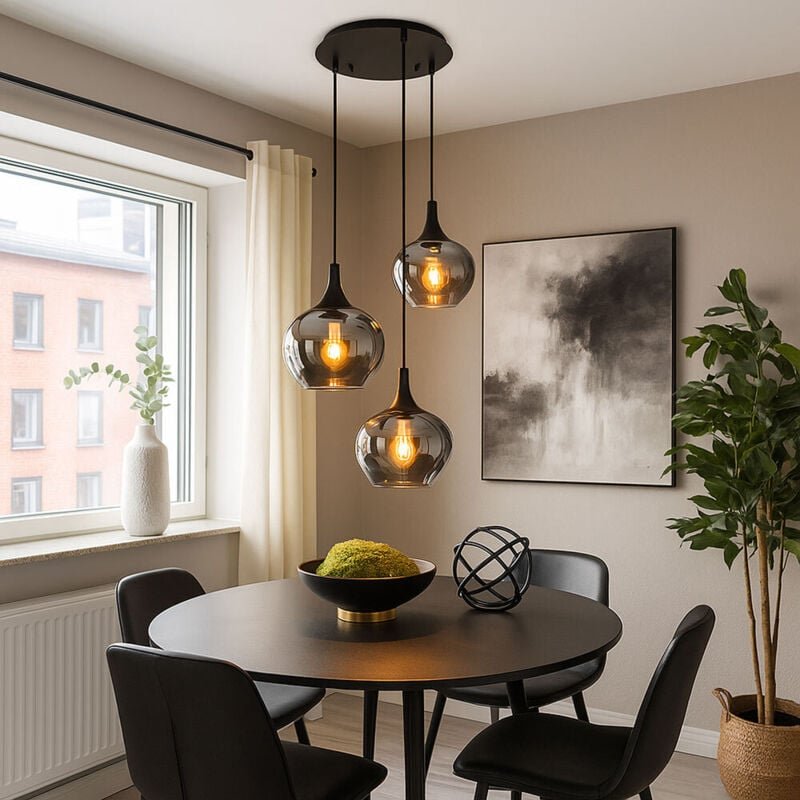 Pendellampe Hängeleuchte Esszimmer Pendelleuchte Wohnzimmer Esstischleuchte rauch Glasschirm, Metall schwarz, Fassungen ...