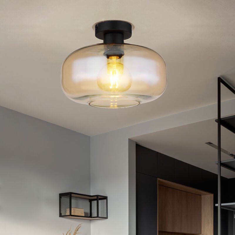 Deckenlampe Deckenleuchte Wohnzimmerlampe amber Glasschirm, Metall schwarz, Fassung 1x E27, DxH 28x20,5 cm