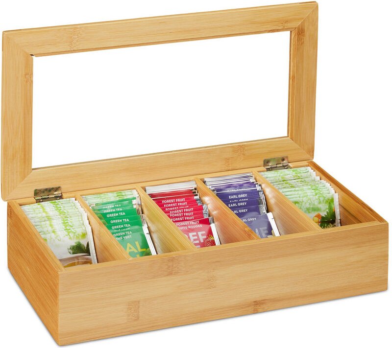 Relaxdays Teebox, 5 Fächer, Bambus, Teekiste mit Sichtfenster, Teebeutel, Kaffeepads, Teekasten HxBxT: 9x37x20 cm, natur
