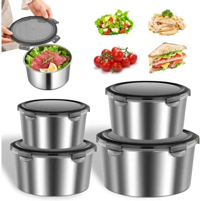 4 stapelbare, luftdichte Bento-Boxen aus Edelstahl mit Deckeln zur Aufbewahrung in Küche/Vorratskammer