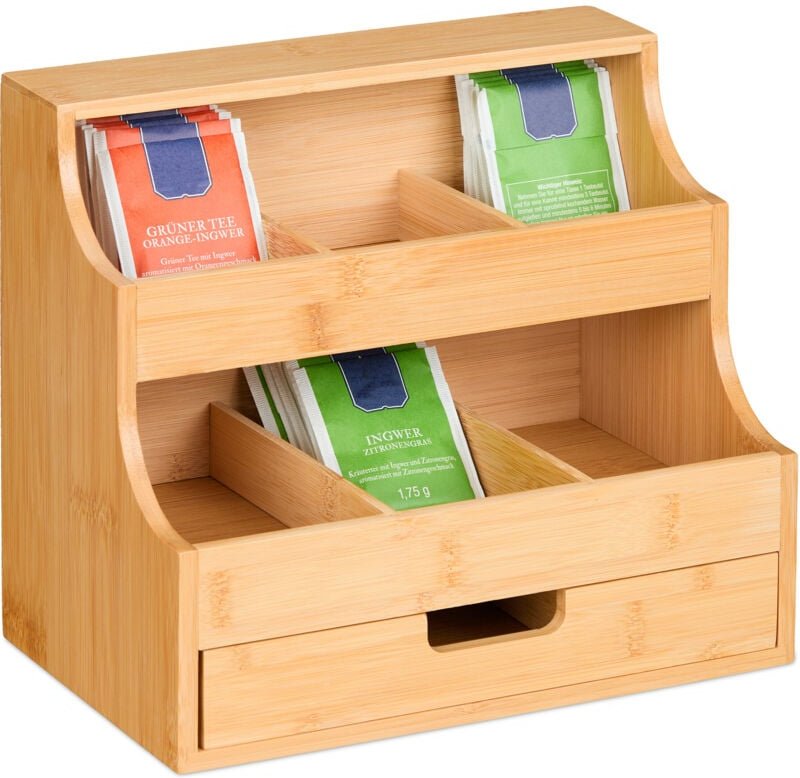 Relaxdays - Tee Organizer, 9 Fächer, aus Bambus, HxBxT: 24 x 27 x 17 cm, Mit Schublade, Teeregal vertikal, natur