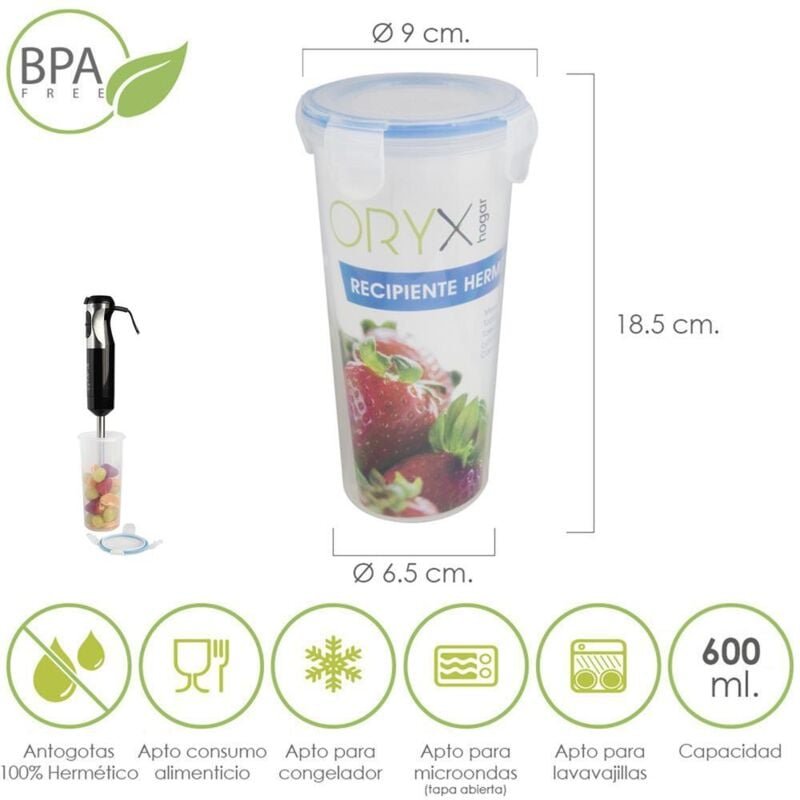 Runder Messbecher aus hermetischem Kunststoffbehälter 600 ml. Ø 9 x 18,5 (H) cm.