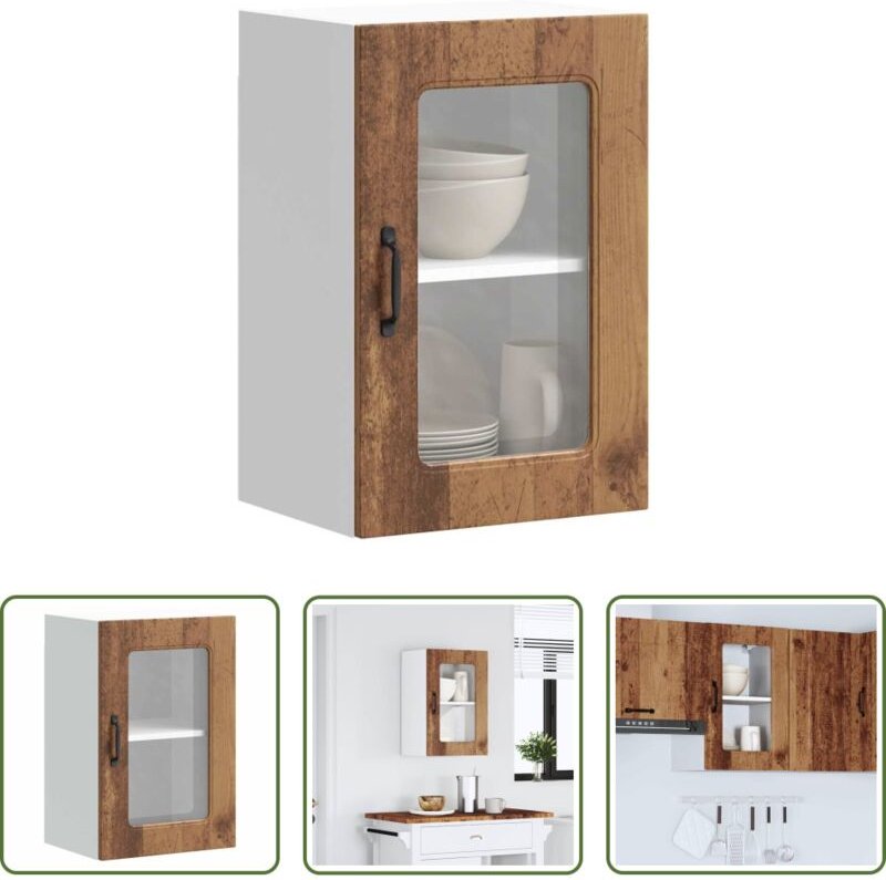 Küchenmöbel - Küchen-Hängeschrank mit Glastür Kalmar Altholz-Optik Holzwerkstoff