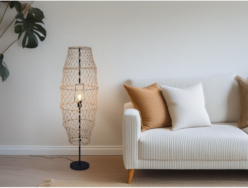 Kleine Boho led Stehleuchte Lampenschirm geflochten aus Hanfseil, Höhe 120cm