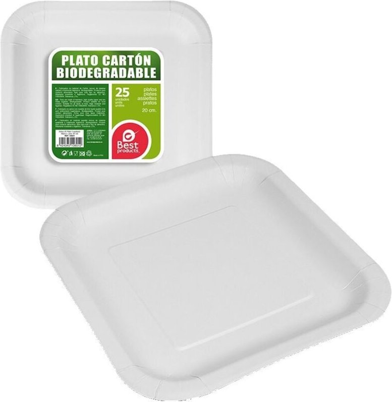 Jardibricodeco - Packung mit 25 weißen, quadratischen Papptellern, 20 x 20 x 3 cm, Beste Produkte, Grün