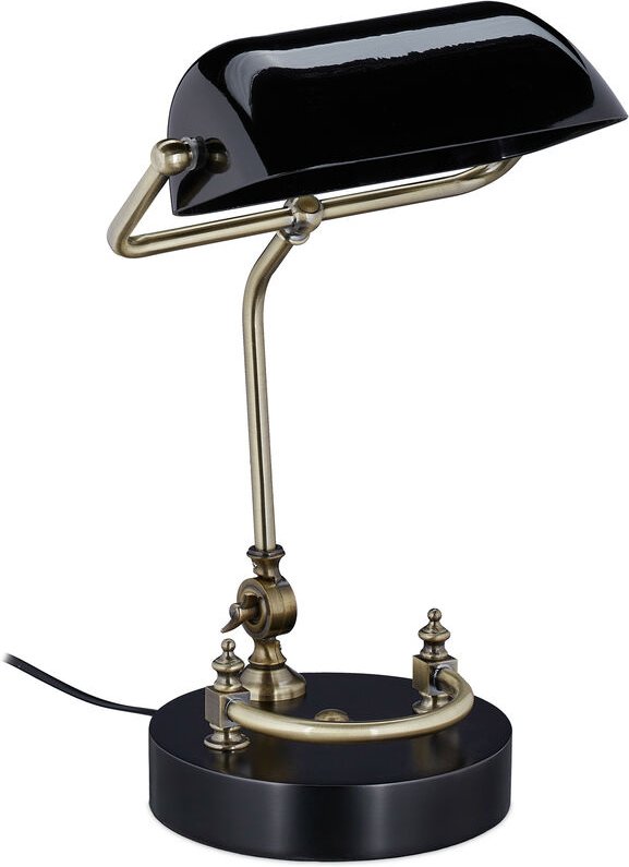 Thumbnail - Bankerlampe, Glasschirm, Holzfuß, neigbare Bibliothekslampe, E27-Fassung, Schreibtischlampe Retro, schwarz - Relaxdays