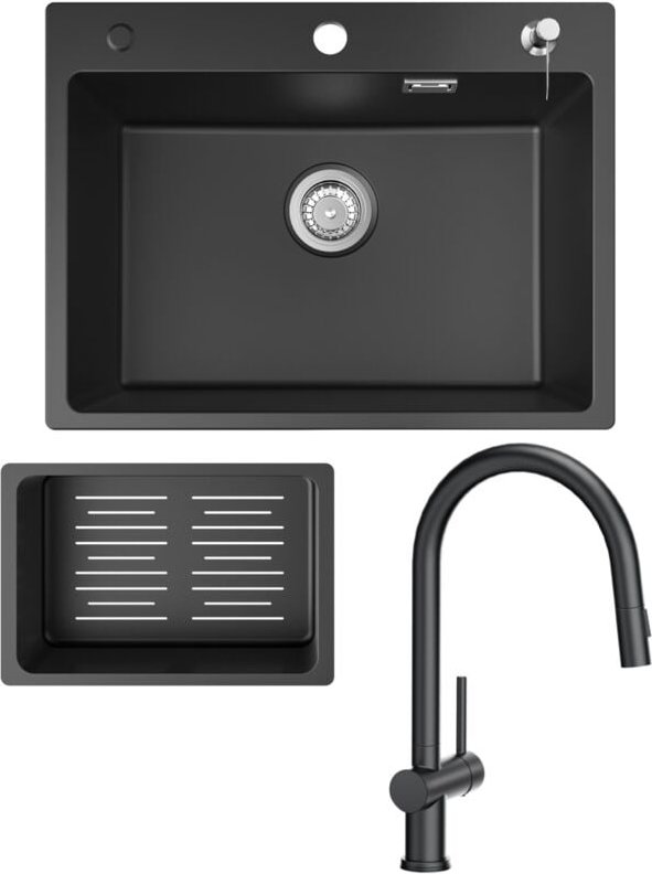 Cecipa Max - Küchenspüle 60x45cm Granitspüle Anthrazitschwarz Mit Seifenspender + Ausziehbarer Küchenarmatur Schwarz Mit...