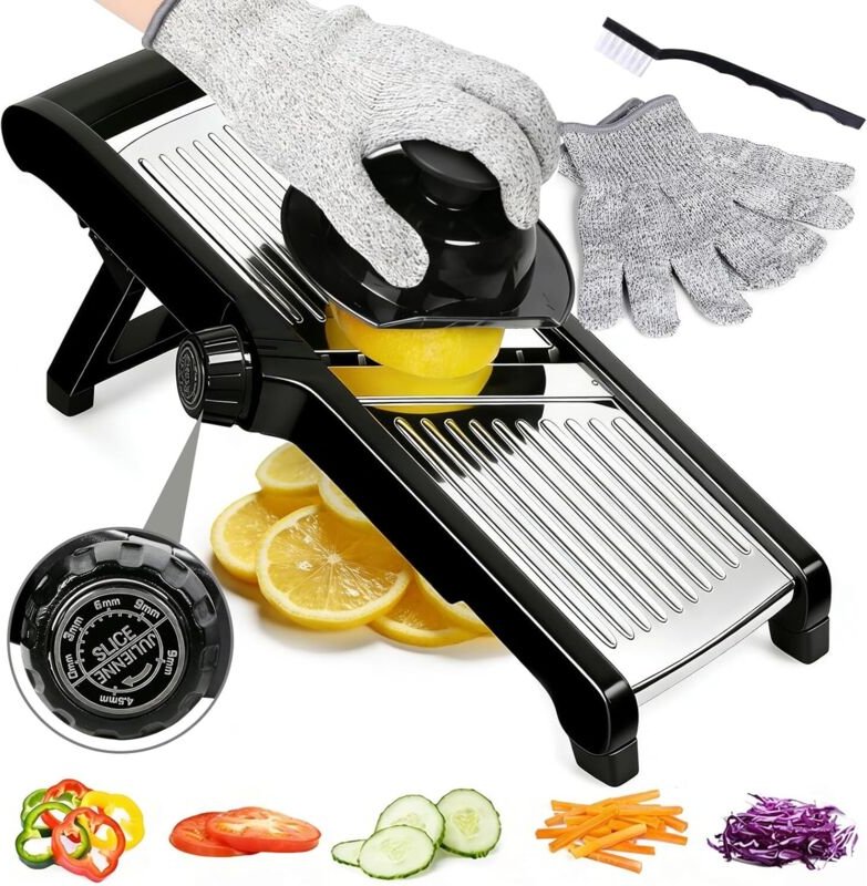 Küchengerät, multifunktionaler Gemüseschneider, verstellbare Edelstahl-Mandoline mit Handschutz und Sicherheitshandschuh...