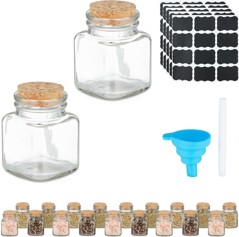 Relaxdays Gewürzgläser, 20er Set, Gewürzdosen Glas, 100 ml, inkl. Etiketten & Trichter, Korkdeckel, transparent/natur