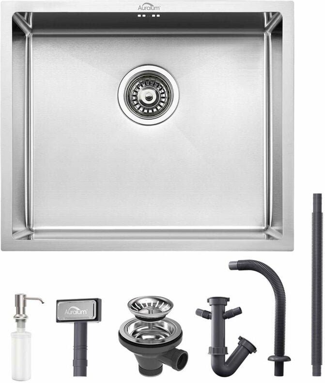 50 x 43 cm Edelstahlspüle Küchenspüle mit Seifenspender Einbau Spülbecken mit Siphon, Über- und Ablaufgarnitur