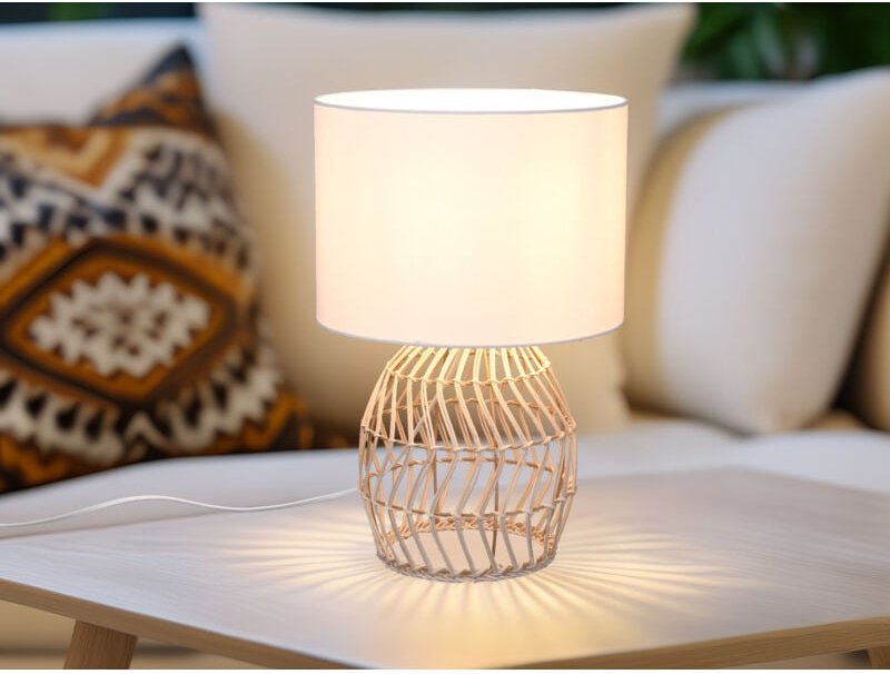 LED Tischleuchte mit Rattan Geflecht & Stoff Lampenschirm Weiß, Höhe 38cm