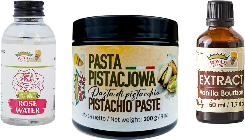 Baskisches Käsekuchen-Set: Extrakt, Pistazienpaste mit Farbe, Bio-Rosenwasser