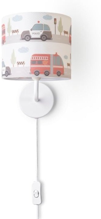 Tischleuchte Kinderzimmer Wandleuchte Straße Feuerwehr Lampenschirm Stoff Rund Wandleuchte - Weiß, Design 1 (Ø18 cm) - P...