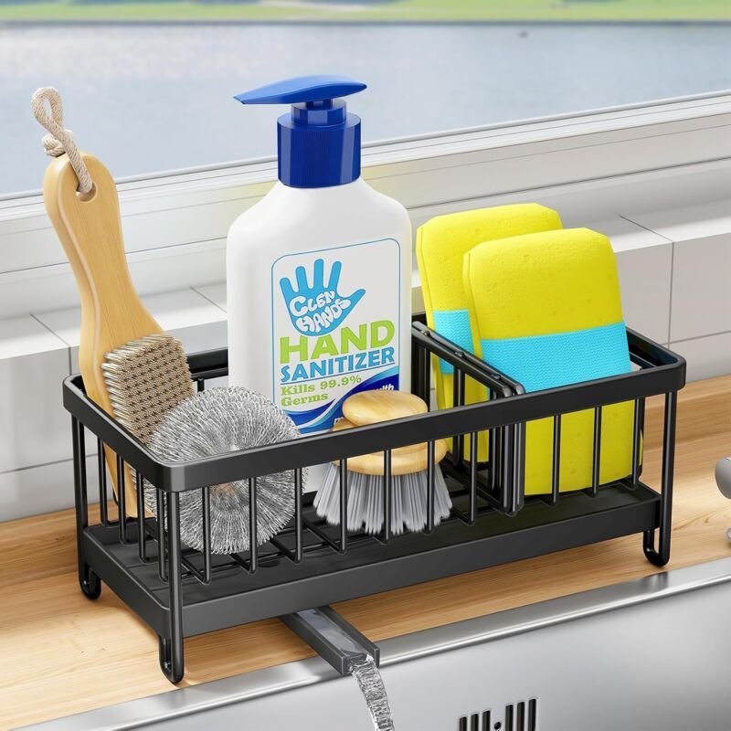 Spülbecken Organizer aus Edelstahl, Schwammhalter mit Abnehmbarer Abtropfschale – Küchen Lagerung (Schwarz)
