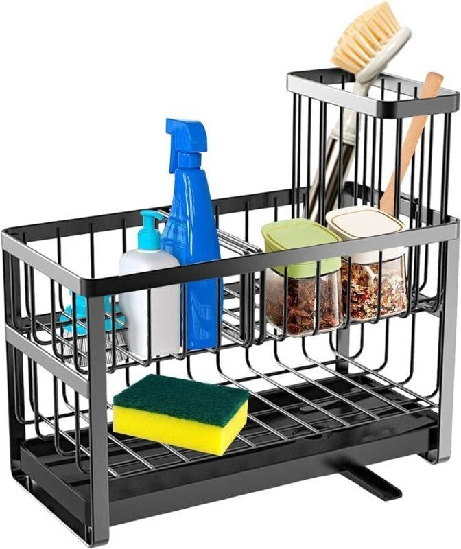 Zweistöckiger Spülbeckenschwammhalter, 23 cm großer Spülbeckenorganizer aus Kohlenstoffstahl, abnehmbar, mit Abtropffläc...