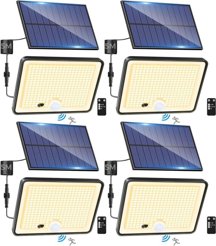 LOTMOS 4er-Set Solar-Außenleuchten mit Bewegungsmelder und Fernbedienung, 342 LEDs, wasserdicht (IP65), 3 Beleuchtungsmo...