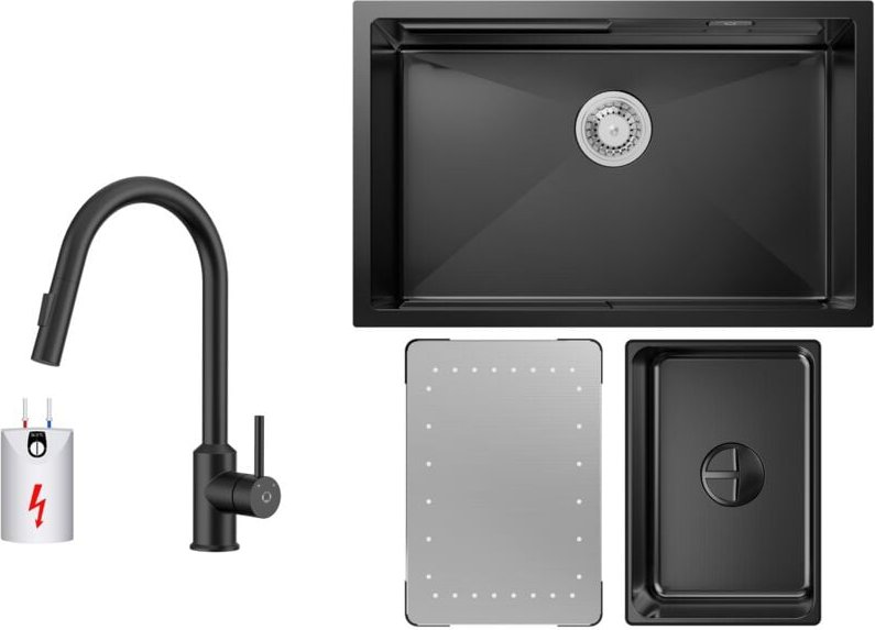 Küchenspüle 1.5 Becken 70x44cm EdelstahlSpüle Anthrazitschwarz Unterbauspüle + Ausziehbarer Niederdruck-Küchenarmatur Sc...