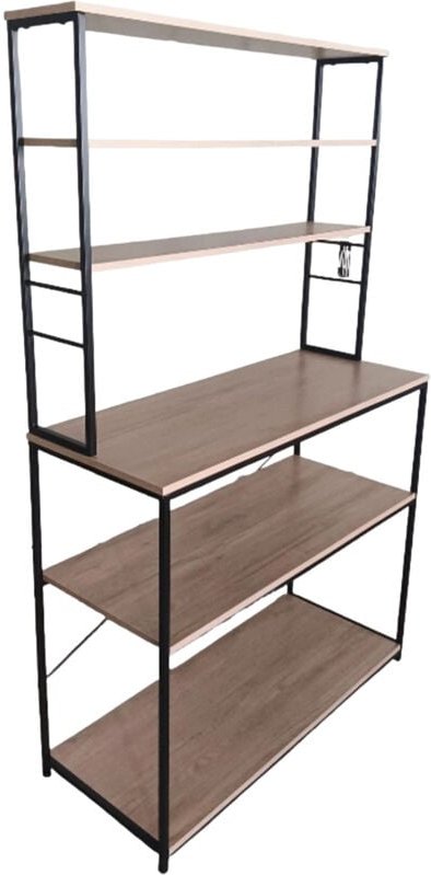 Relaxdays Küchenregal, 6 Ablagen mit Küchenarbeitsplatte, HBT 167 x 100 x 40 cm, offenes Mikrowellenregal, natur/schwarz