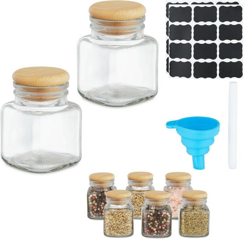 Gewürzgläser 8er Set, Gewürzdosen, 100 ml, inkl. Etiketten, Stift & Trichter, Glas & Bambus, transparent/natur - Relaxda...