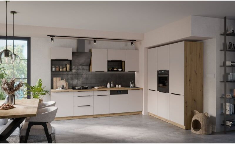 Küchen Preisbombe - Küche solano loft 280 + 180 cm Küchenzeile Küchenblock Einbauküche Kaschmir beige matt + Eiche Artis...