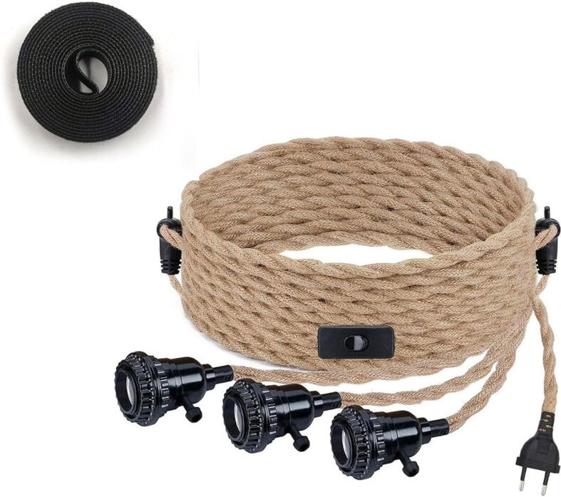 Hanfseil-Kronleuchter-Set, Vintage-Kabel-Pendelleuchte mit Schalter und EU-Stecker, diy 3-flammige Hängelampe, Textilkab...