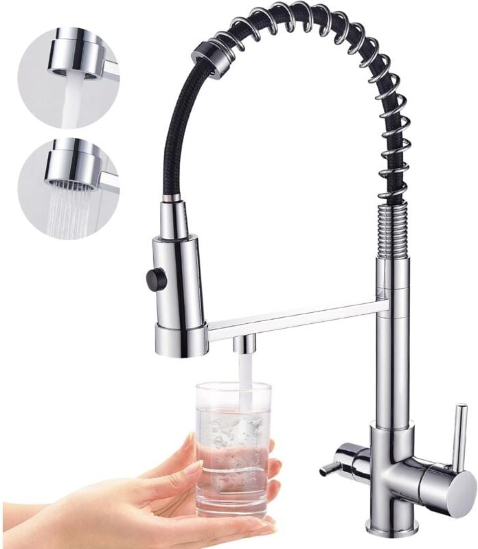 Dreiwege-Küchenarmatur, herausziehbarer Küchenarmatur, Messing-Spültischarmatur, 3-in-1-Wasserfilter-Mischbatterie (verc...