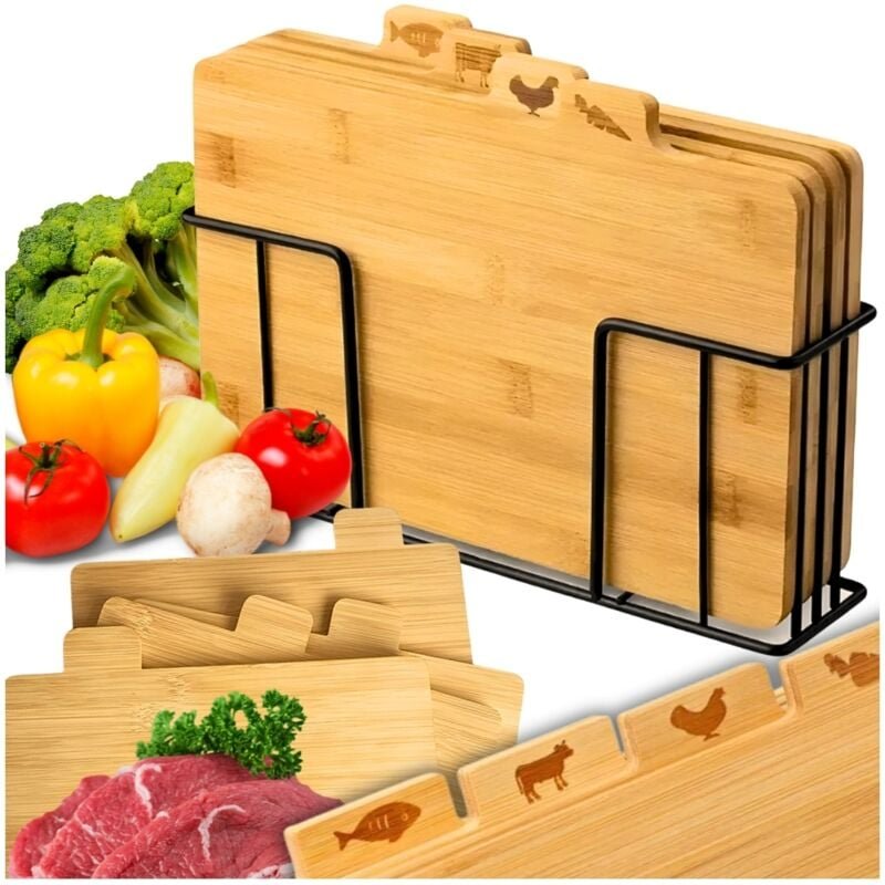 4er Set Schneidebrett Servierbrett Küche Bambus Holz + Ständer