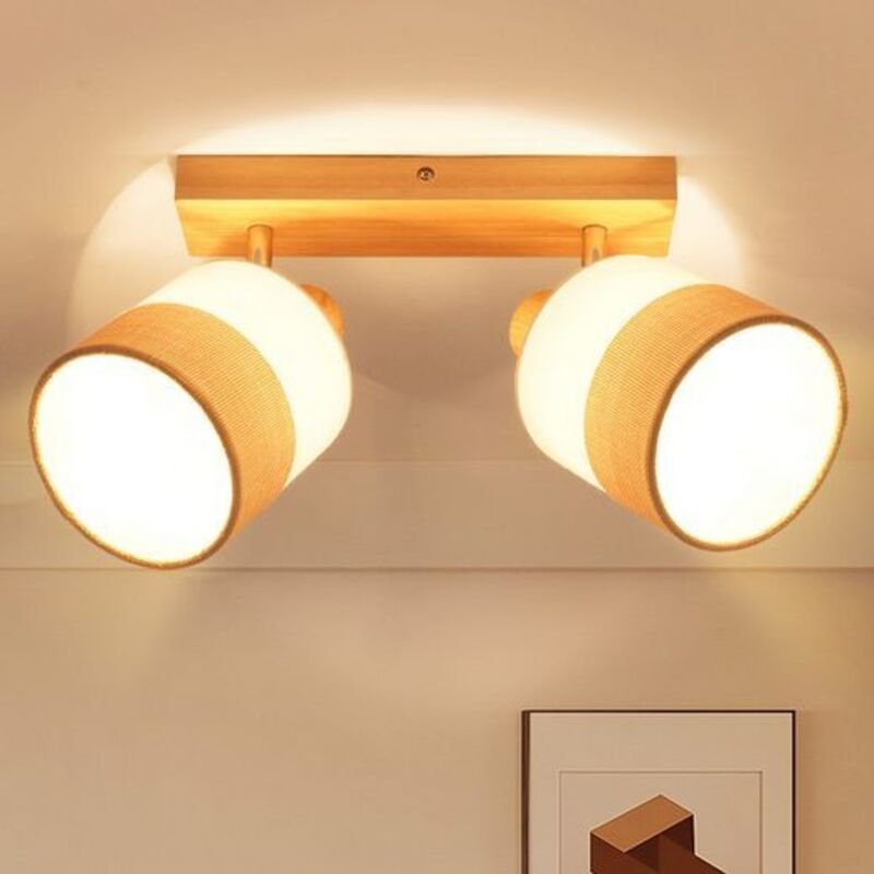 Gbly led Deckenlampe 2 Flammig Deckenstrahler - Flurlampe Holz E14 Deckenleuchte Vintage Stoff Schwenkbar 350° Retro Dec...