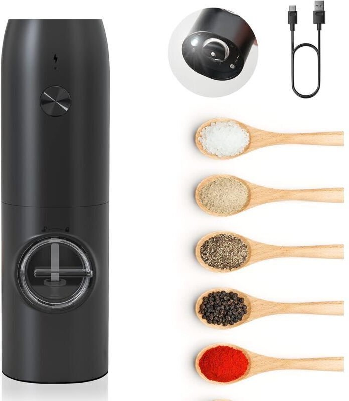 Wiederaufladbare elektrische Pfeffermühle, automatische Salz- und Pfeffermühle mit weißem LED-Licht, einstellbarem Mahlg...