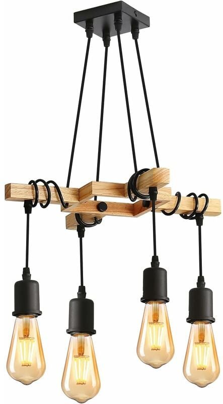 Comely - Vintage-Pendelleuchten, industrielle Deckenleuchte aus Holz und schwarzem Metall, 4 E27-Leuchtmittel nicht enth...