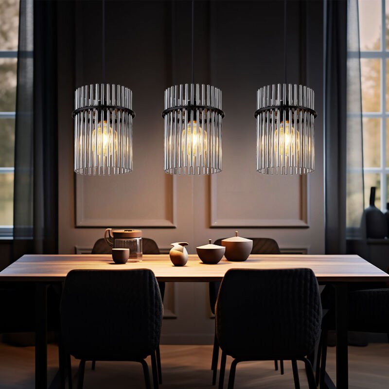 Hängelampe Wohnzimmerleuchte Pendellampe Esszimmerleuchte Deckenleuchte, Metall schwarz Glasstäbe rauchfarben, 3 Flammig...