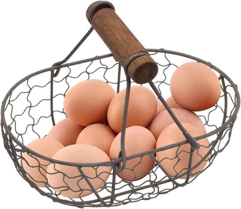 Eierkorb aus Eisen – Rustikaler Eierkorb mit Holzgriff – Picknickkorb im Landhausstil – Fassungsvermögen: 12 Eier – Für ...