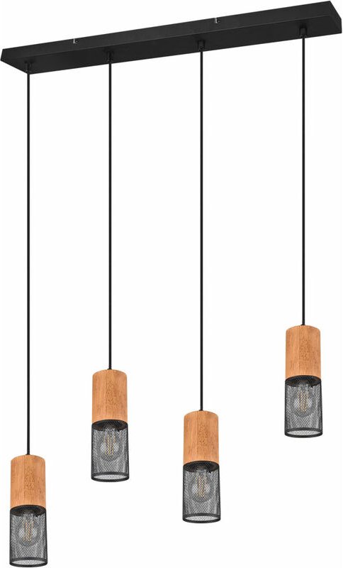 Pendelleuchte Hängelampe Holzleuchte Industriell Esszimmer, 4 flammig, Gitteroptik Metall Holz braun schwarz matt, 4x E2...