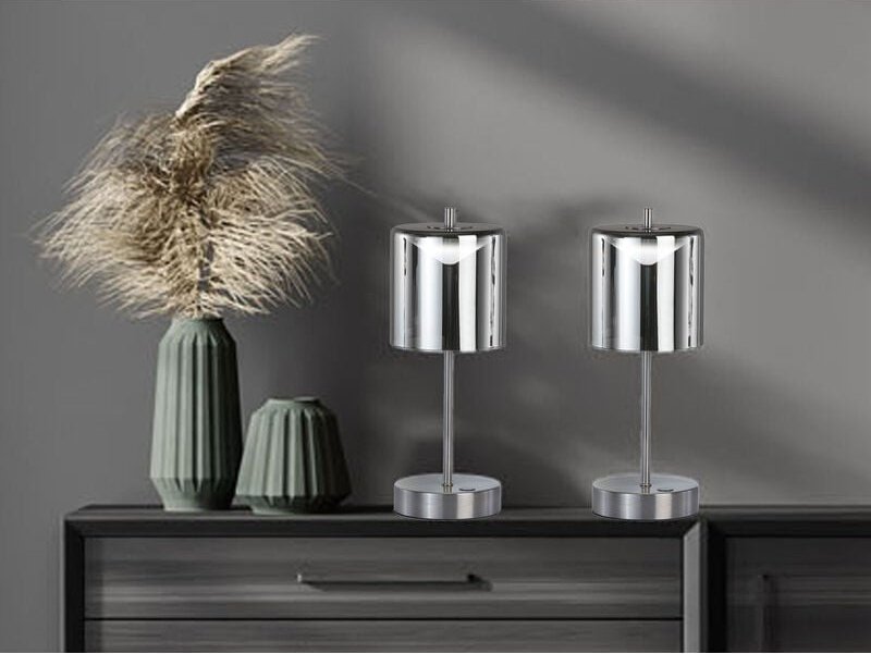 Meinewunschleuchte - 2er set kabellose Tischlampen Silber / Rauchglas mit Touchdimmer, Höhe 34,5cm