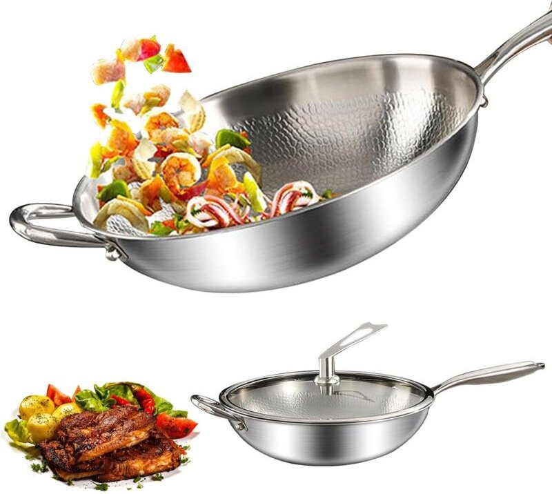 30 cm Edelstahl-Wokpfanne mit Deckel, dickwandig, extrem langlebig, titanbeschichtet, mit Deckel, geeignet für Induktion...