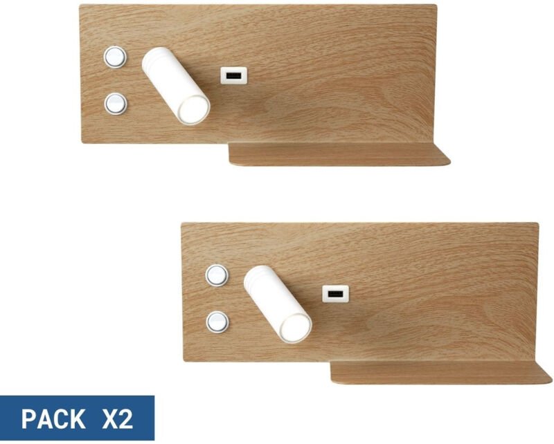 2er Pack Wandleuchte TURIN USB Ablage 3W,7W Holzoptik