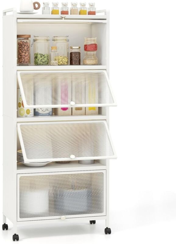 COSTWAY Armoire Cuisine 5 Niveaux, Étagère Cuisine 4 Portes PC Escamotables avec 4 roulettes, Étagère Micro-Ondes pour S...