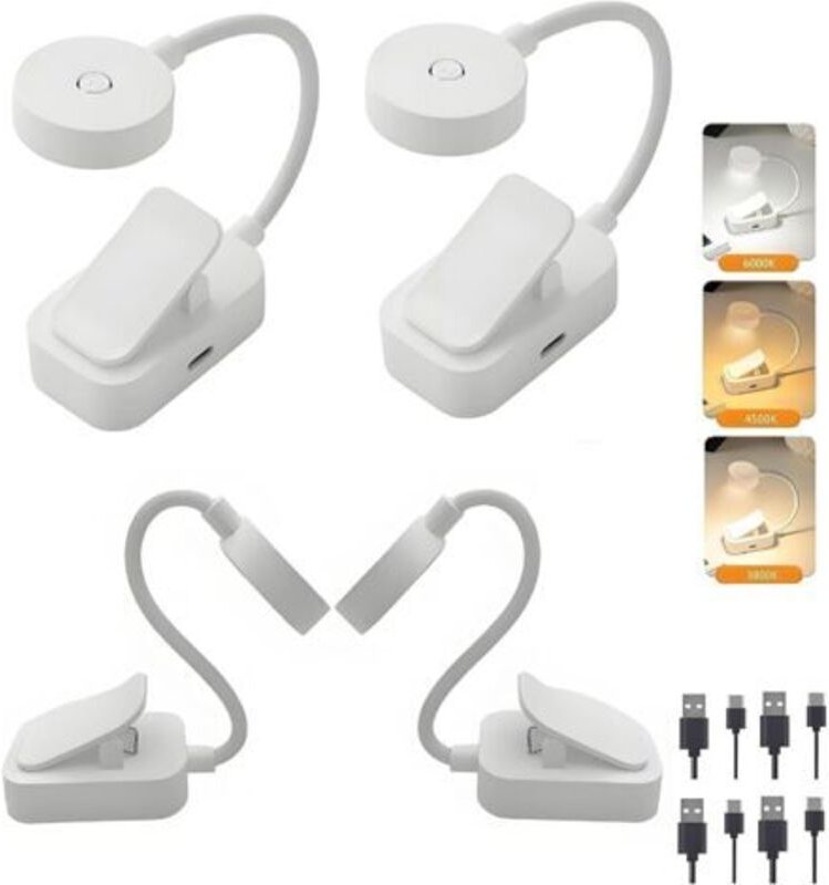 4 Mini-LED-Leselampen, wiederaufladbare Klemm-Leseleuchte, Augenschutz, stufenlose Dimmung und 3 Farben, 360° flexibler ...