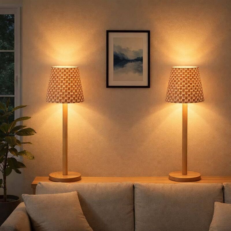 Tischlampe Tischleuchte Innen Wohnzimmer Bambus CCT natur LED Touchdimmer Akku dimmbar USB, warmweiß-kaltweiß, DxH 11x33...