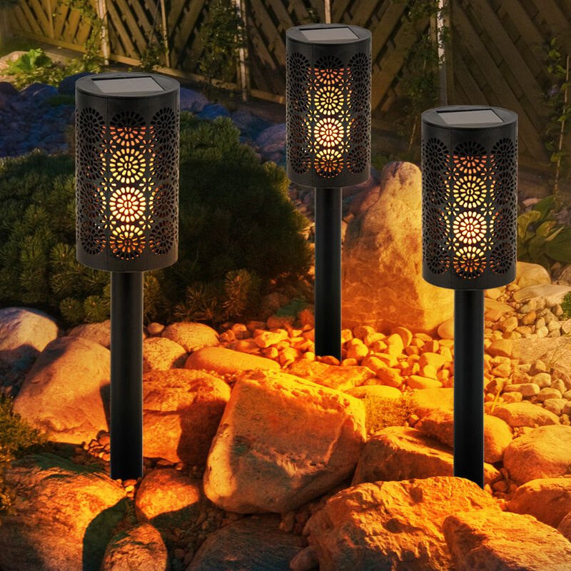 Solarleuchte Gartenlampe Steckleuchte, Fackel mit Dekorstanzungen, Terrassenlampe, Akku, Feuereffekt, schwarz, 1x led, D...