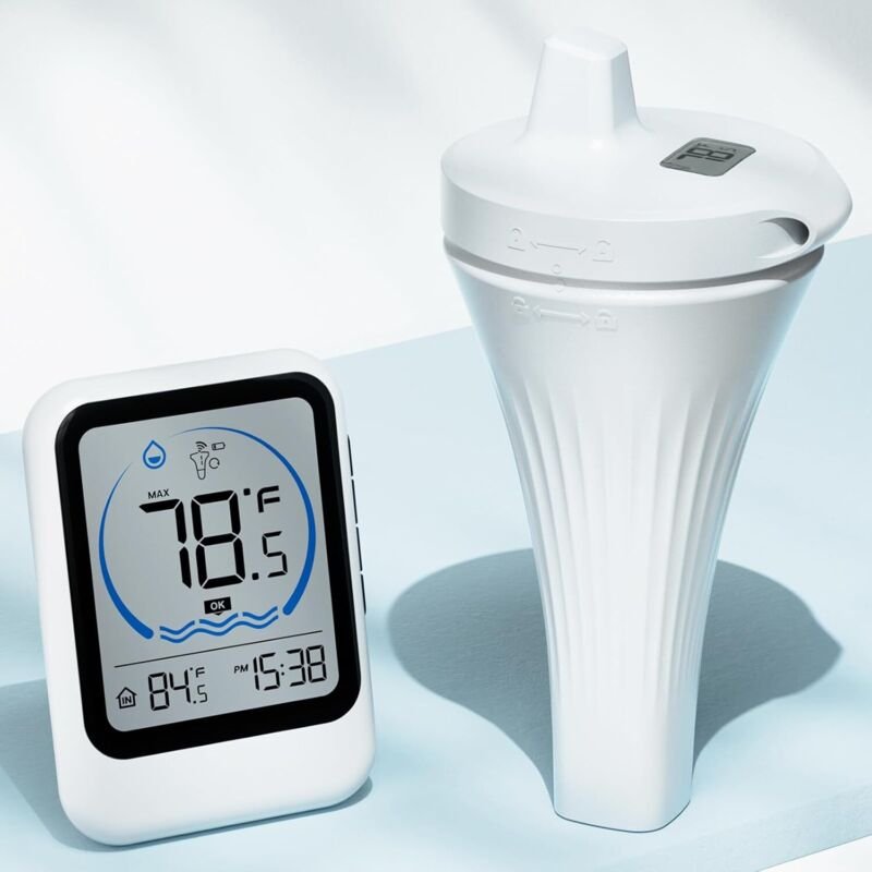 Digitales Poolthermometer mit LCD-Bildschirm, kabelloses Poolthermometer, wasserdichter Temperaturmonitor (IPX8) für Whi...