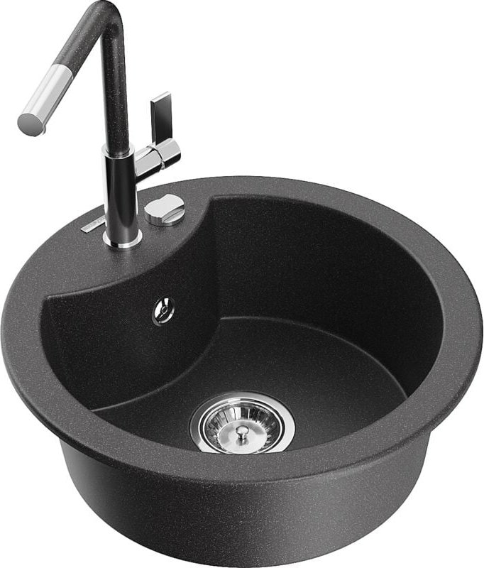 Diego 1-Becken-Granitspüle mit Mischbatterie Flora, Schwarz/Gold metallisch - 6512-76-670401-0 - Mexen