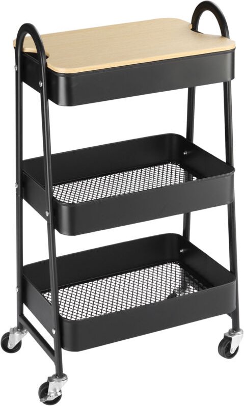 Rollwagen, Servierwagen mit 3 Korbböden, Metall, Kunststoff, Schwarz