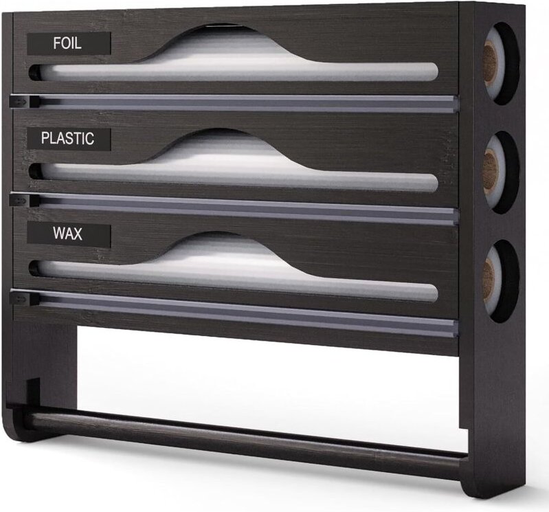 3-in-1-Spender für Frischhaltefolie und Alufolie – Küchenständer aus Bambus mit Präzisionsschneider, Wand-/Schubladen-Pa...
