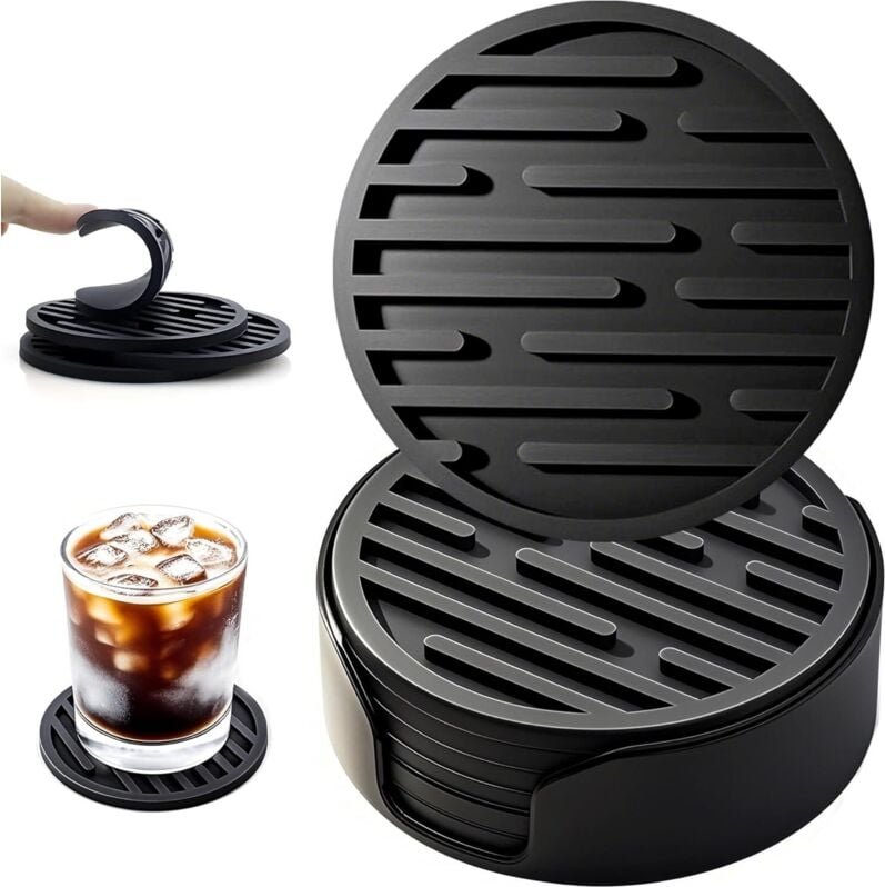 6er-Set Silikonuntersetzer mit Halterung, runde, rutschfeste Untersetzer für Tassen, Tische, Cafés, Bars, Getränke, schw...