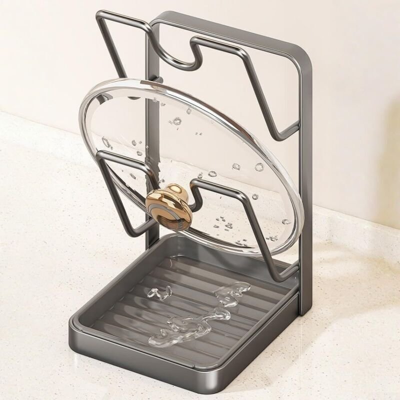 Küchenarbeitsplatten-Topfdeckelhalter mit Löffelablage, 2-in-1-Organizer für Deckel und Küchenutensilien, Grau