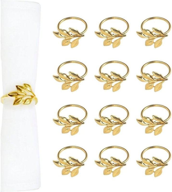 12 goldene, blattförmige Serviettenringe aus Metall, für Hochzeiten, Weihnachten, Geburtstage und Bankette