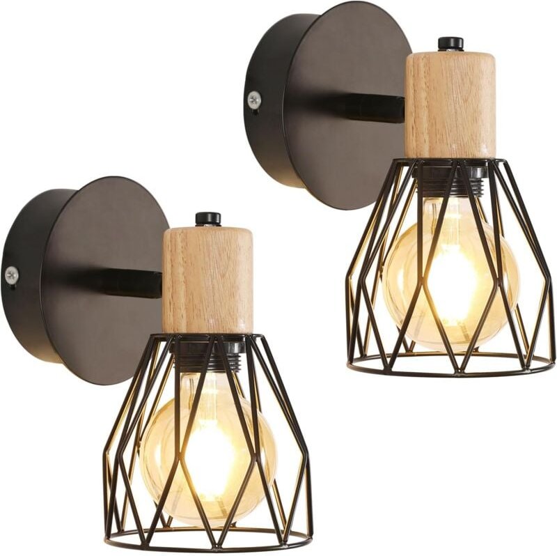 2 Stück Wandleuchte Innen Holz Retro Wandlampe E27 Basis Für Schlafzimmer, Wohnzimmer, Flur, Diele Schwarz(Glühbirne nic...