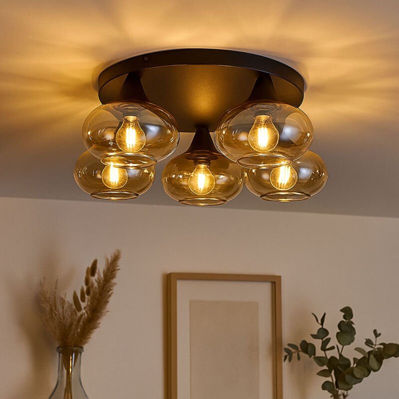 Deckenleuchte Glas amber Modern Deckenlampe schwarz Retro Wohnzimmerleuchte 5-Flammig Glas, Metall, 5x E14 Fassungen, Dx...